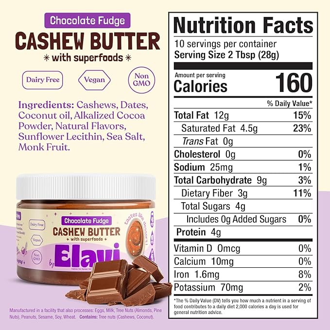 ELAVI Keto Cashew Butter, Kid-Friendly, Low-Sugar Dessert Spread | Vegan, No Added Sugar, No Sugar Alcohols, No Palm Oil (1 Count, Chocolate)