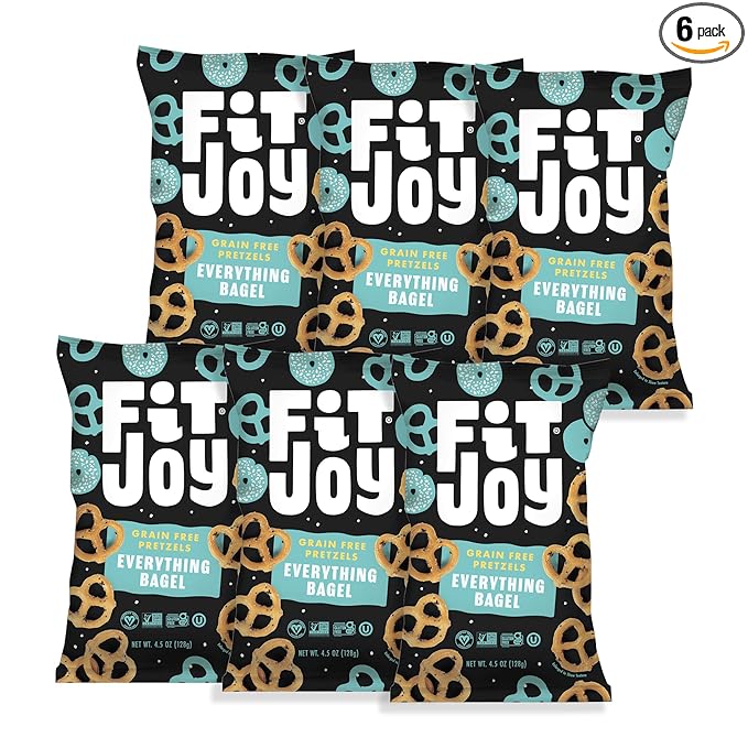 FitJoy Everything Bagel Pretzels (Pack of 6, 4.5 Oz), Dairy, Nut & Gluten Free Snacks, Grain Free Cassava Root & Chickpea Flour Vegan Pretzel Twists, Classic Snack Pretzels for Moms, Children & More