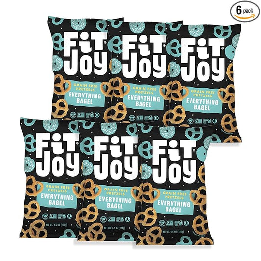 FitJoy Everything Bagel Pretzels (Pack of 6, 4.5 Oz), Dairy, Nut & Gluten Free Snacks, Grain Free Cassava Root & Chickpea Flour Vegan Pretzel Twists, Classic Snack Pretzels for Moms, Children & More