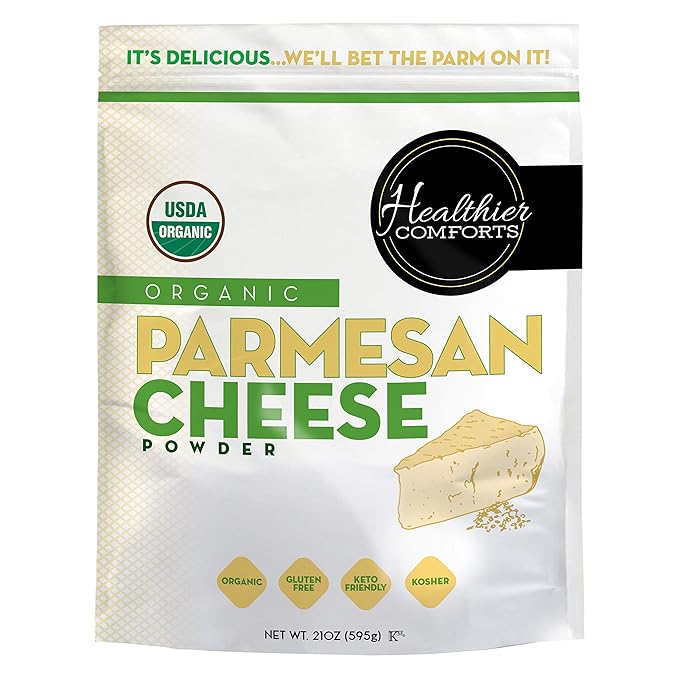 Healthier Comforts Organic Parmesan Cheese Powder, Kosher, Non-GMO, Chemical Free, Gluten Free, Keto Friendly, From Cows Raised Free of Antibiotics or Hormones (rBGH or rBST) (21 oz, Organic Parmesan)
