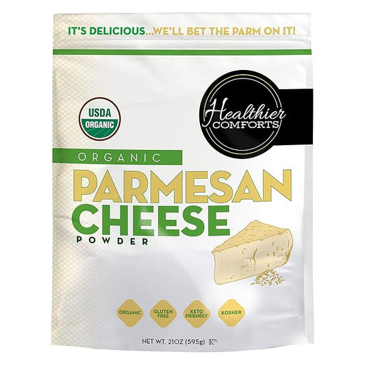 Healthier Comforts Organic Parmesan Cheese Powder, Kosher, Non-GMO, Chemical Free, Gluten Free, Keto Friendly, From Cows Raised Free of Antibiotics or Hormones (rBGH or rBST) (21 oz, Organic Parmesan)