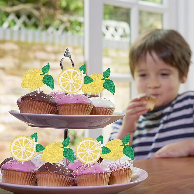 24 Pack Lemon Cupcake Toppers Glitter Fruit Theme Cupcake Picks Summer Lemona Pool Beach Barbecue Cupcake Decorations Lemon Baby Shower Birthday Themed Party Wedding Party