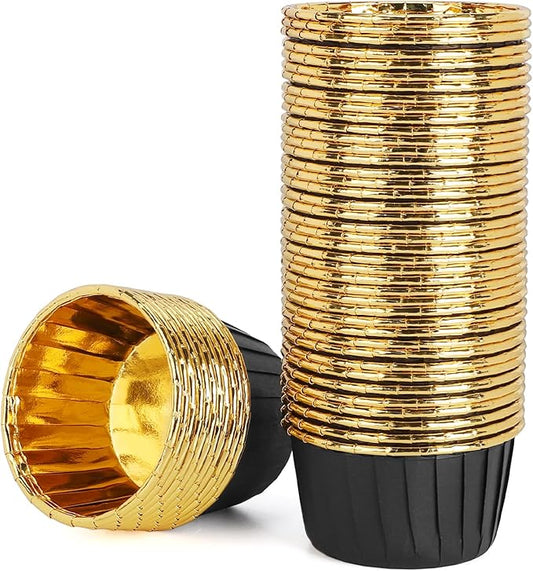 EUSOAR Foil Cupcake Liners, 3.5oz 50pcs Black Gold Disposable Mini Muffin Liners, Individual Aluminum Dessert Pudding Ramekin Cupcake Baking Cups Containers Tin for Wedding Birthday Bakery Party