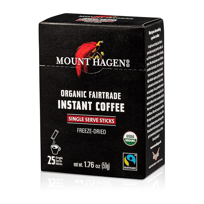 Mount Hagen 25 Count Single Serve Instant Coffee Packets - 2 Pack | Organic Medium Roast Arabica Beans [2 x 25 sticks/1.76oz/50g]