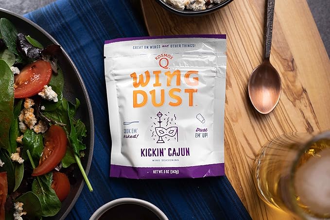 Kosmos Q Kickin’ Cajun Wing Dust, Spicy Creole Chicken Wing Seasoning For Chicken, Fish, Popcorn & More, Sweet, Savory & Spicy Dry Rub, Cajun Seasoning Dust, Great For Grilling & Smoking, 5 Oz
