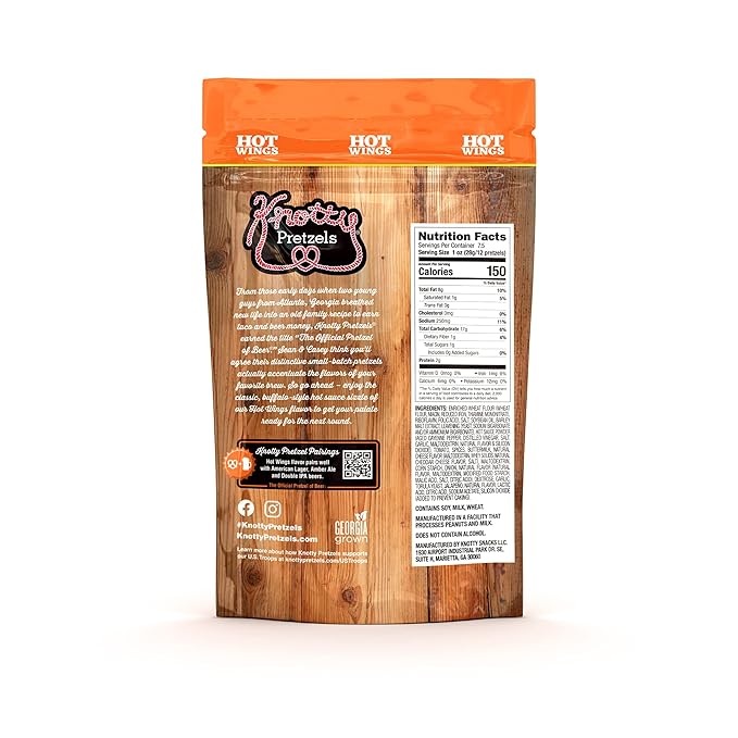 Knotty Pretzels ?쏷he Official Pretzel of Beer??7.5 oz Individual Seasoned Pretzels in Resealable Pretzel Snack Bags, The Perfect Pairing for Beer, Hot Wings Flavor (3-Pack)