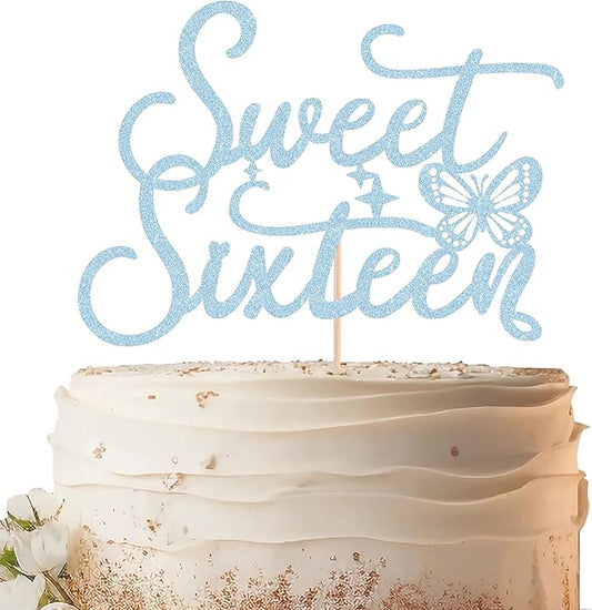 Sweet Sixteen Cake Topper - Blue Glitter Butterfly Theme Sweet 16 Birthday Cake Decorating Supplies for Girls, Sweet 16 Cake Topper for Happy 16th Birthday Anniversary Party Supplies Photo Booth Props