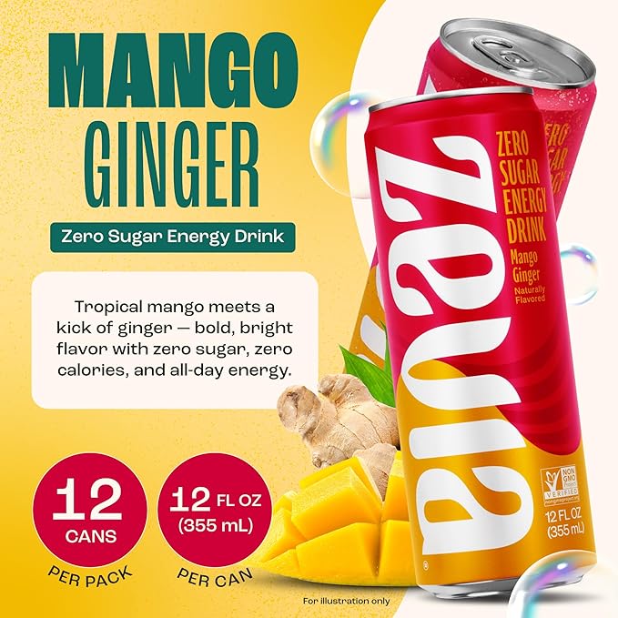 Zevia Zero Sugar Energy Drink, Mango Ginger, 12 oz Cans (12-Pack) – Naturally Sweetened, Zero Calorie Sugar Free Energy - Non-GMO Project Verified, Gluten-Free, Vegan