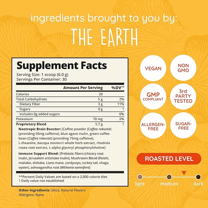 Mushroom Coffee with 125mg Caffeine ??Lion?™s Mane, Cordyceps, Reishi & Chaga | Adaptogen Nootropic Instant Mushroom Coffee for Energy & Focus | Medium-Dark Roast, Vegan, No Sugar ??30 Servings
