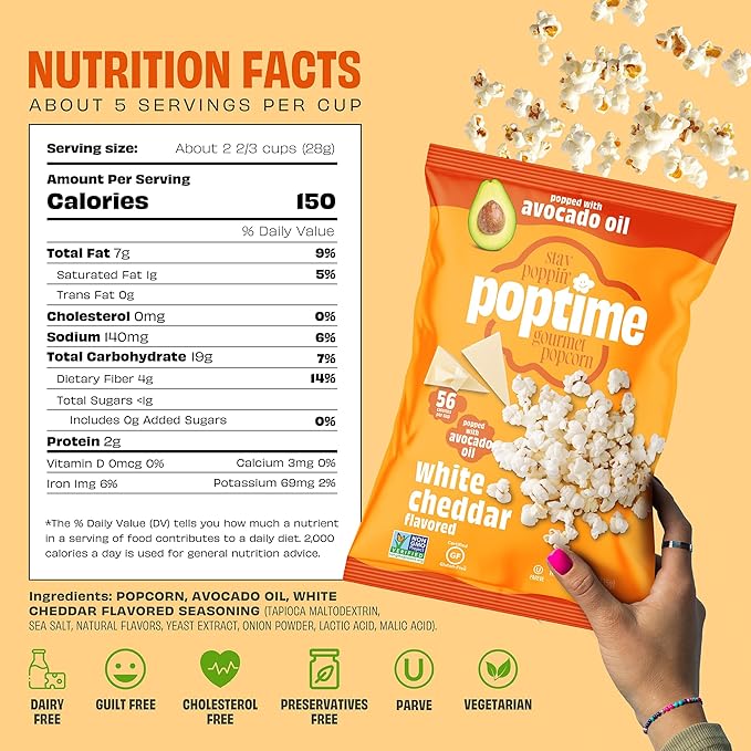 Poptime White Cheddar Popcorn Snack Bags ??Gourmet Popcorn Bags, Healthy Snack With Heart-Healthy Avocado Oil, Crunchy, Cheesy, Gluten Free, Vegan, Low Calorie, Non-GMO, Kosher - 4.75 oz - Pack 12