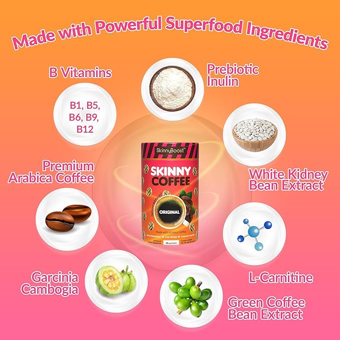 Skinny Boost Instant Skinny Coffee Sticks (Chocolate) - Made with Arabica Coffee Beans, Garcinia Cambogia, Green Tea Extract, B Vitamins, Fiber and Prebiotics –Sugar Free-Keto Friendly (28 Packets)