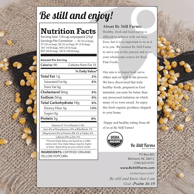 Be Still Farms Yellow Organic Popcorn Kernels (4.8lb) - Uncooked Corn Bulk Great for Movie Night - Healthy Microwave Snacks Ideal for Popping - USA Grown | USDA Certified | Vegan | Non-GMO
