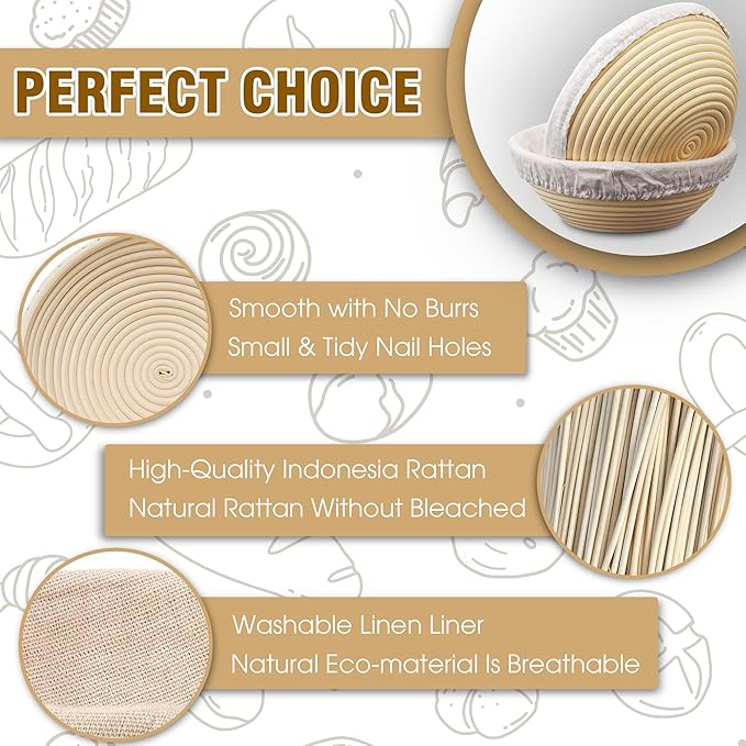 Banneton Bread Proofing Basket Set of 2, 9 Inch Round Sourdough Basket with Liners, Handmade Rattan Dough Proofing Bowl for Artisan Bread Making, Ideal for Bakers (Round 9 inch set 2 Pcs)