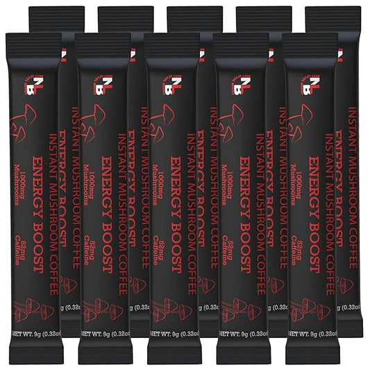 Energy Boost Organic mushroom Instant Coffee - 10 x 9g Packets - Healthy Coffee alternative and Substitute - With Dynamine, Collagen, Lions Mane and Antioxidant