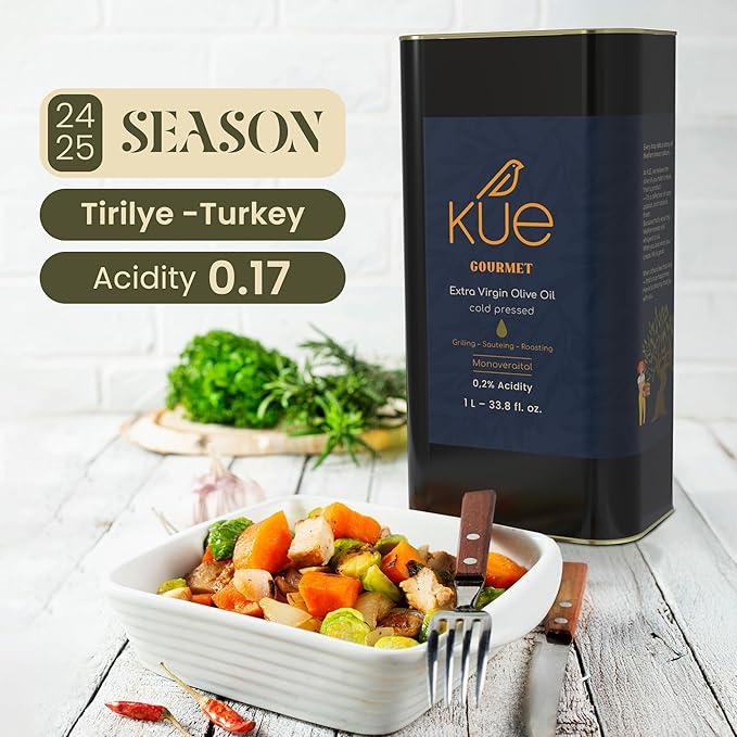 Kue Gourmet Extra Virgin Olive Oil Cold Pressed - Mediterranean Olive Oil - EVOO - Aceite de Oliva Extra Virgen - Monovarietal - Olive Oil Extra Virgin For Cooking - Oil Olive Tin - 33.8 Fl. Oz.