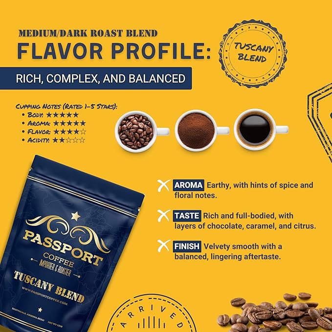 Passport Coffee Tuscany Blend - Medium & dark roast blend from Sumatra, Guatemala & Ethiopia. Flavor notes of caramel and rich chocolate. Premium whole bean coffee, 12oz Bag