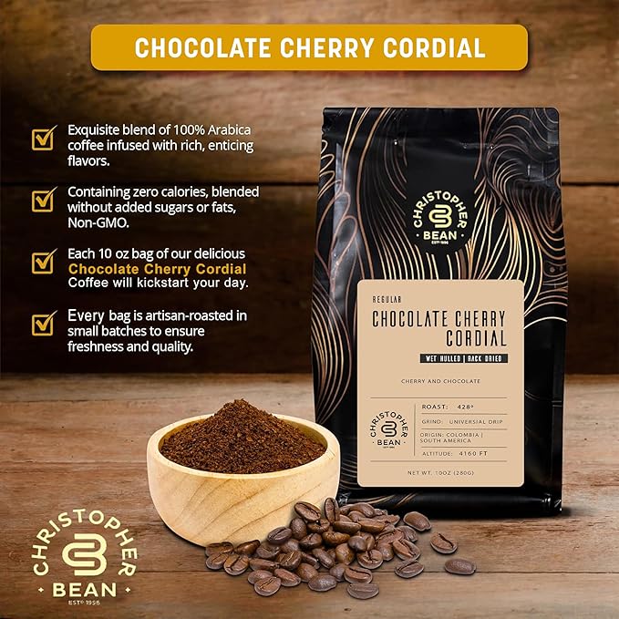 Christopher Bean Coffee - Certified Kosher - Regular Ground Universal Drip Chocolate Cherry Cordial Flavored Coffee| Coffee Beans with Medium Roast 100% Arabica, No Sugar, No Fats, Non-Gmo | 10-Ounce Bag