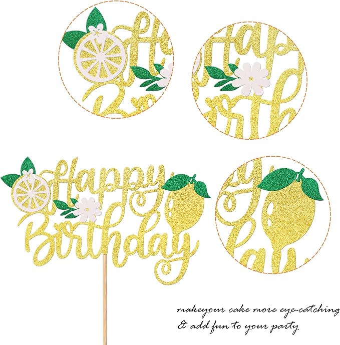 1 Pack Lemon Cake Topper Glitter Happy Birthday Cake Pick for Fruit Theme Baby Shower Kids Boys Girls Birthday Party Summer Fruit Lemon Cake Decorations Supplies
