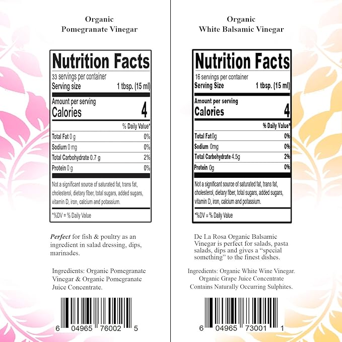 De La Rosa Organic Pomegranate and White Balsamic Vinegar, Vegan, Kosher, Non-GMO & Gluten Free, Great for Salad Dressings, Marinades & More, 16.9 Oz (Pack of 2)