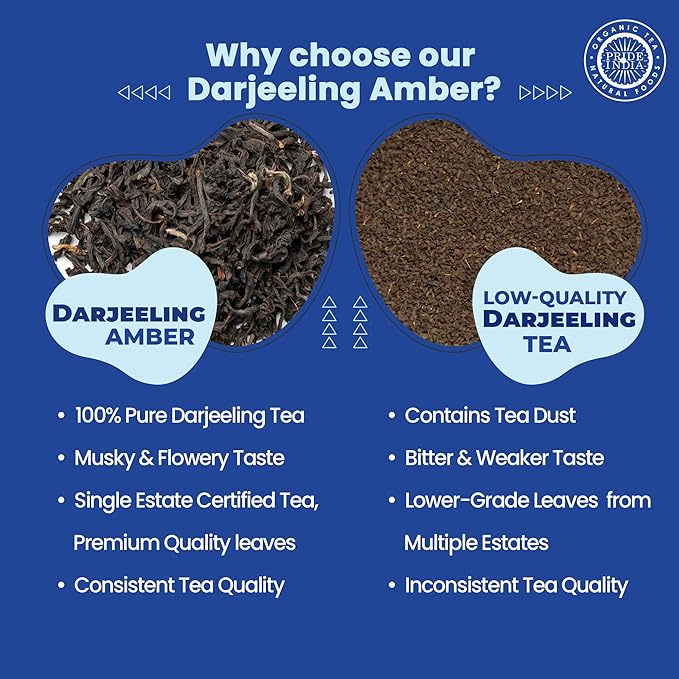 Pride of India | Darjeeling Amber: Afternoon Black Tea | 15 Pyramid Full Leaf Individually Wrapped Tea Bags | Smooth, Musky, Flowery Flavor| Single Estate Certified Classic Tea