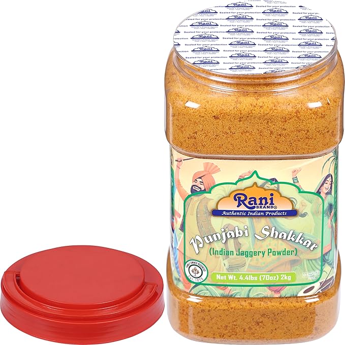 Rani Punjabi Shakkar (Gur Jaggery Powder) Indian Unrefined Raw Cane Sugar 70oz (4.4lbs) 2kg PET Jar ~ Gluten Friendly | Vegan | NON-GMO | Kosher | No Salt or fillers | Indian Product