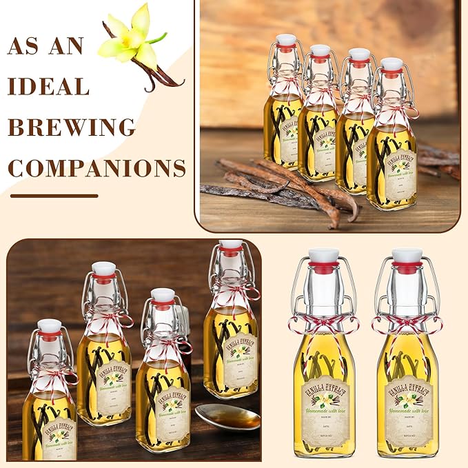 Uiifan 12 pcs 4 oz Swing Top Clear Square Glass Bottles For Vanilla Extract with Caps and Cotton Twines Label Flip Top Glass Beer Bottle for Home Vanilla Brew Oil Vinaigrettes Beer Tea Supply