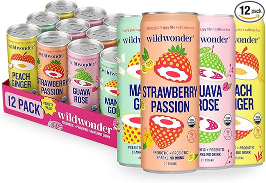 wildwonder Sparkling Probiotic Drink 12pk, For Gut Health & Immune Support, Classic Variety Pack, 5g Prebiotic Fiber, Live Probiotics, Organic, Vegan, Low Sugar, 12 Pack, 12oz Can, Seen on Shark Tank