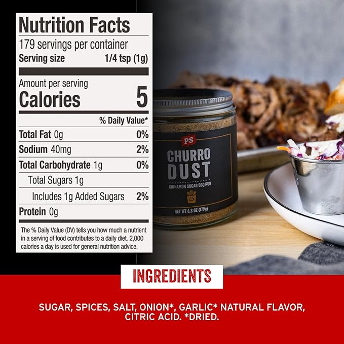 PS Seasoning Churro Dust - Cinnamon Sugar BBQ Seasonings and Rubs for Smoking, Grilling, Baking - Sweet and Smoky Dry Rub, BBQ Rubs and Spices for Grilling Ribs, Pulled Pork, Chops, Wings, 6.3oz