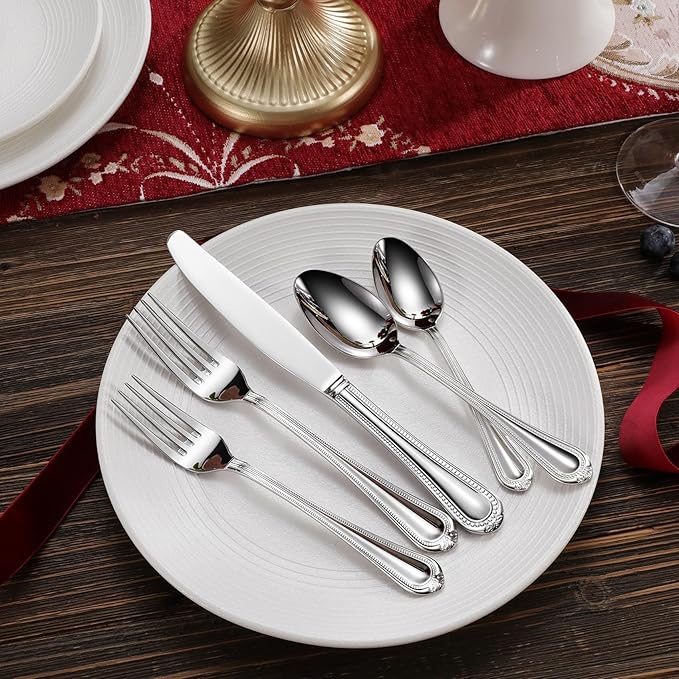 KEAWELL Pearl Edge 4-Piece Premium Spoon Set, 18/10 Stainless Steel, Fine Silverware Spoons with Refined Bead Design, Brightly Polished, Dishwasher Safe (Silver, 7.56" Dinner Spoons)