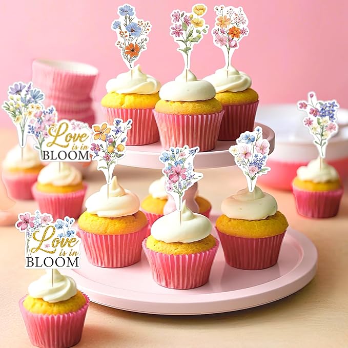 24 Pcs Love is in Bloom Cupcake Toppers, Love in Bloom Bridal Shower Cupcake Decorations, Flower Theme Party Supplies, Engagement Wedding Cake Party Decor