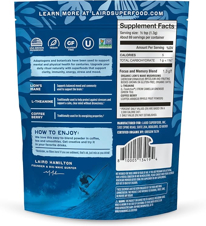 Laird Superfood Organic Focus and Memory Mushroom Blend with Lion?™s Mane, L-Theanine, and Coffee Berry, 3.17 oz. Bag, Pack of 1
