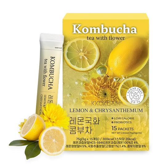 KKOKDAM Kombucha Tea - Lemon & Chrysanthemum Korean Tea - Kombucha Drinks Probiotic Support, Low