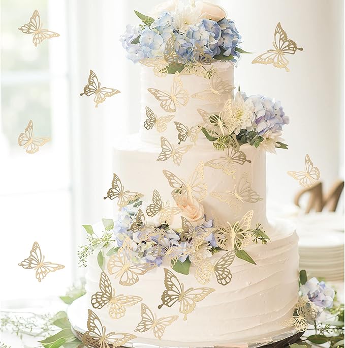 40 PCS Laser 3D Butterfly Cupcake Toppers Hollow Arts Cake Decorations for Baby Shower Wedding Fairy Birthday Party Supplies Wall Sticker Decoration Mixed Styles Gold