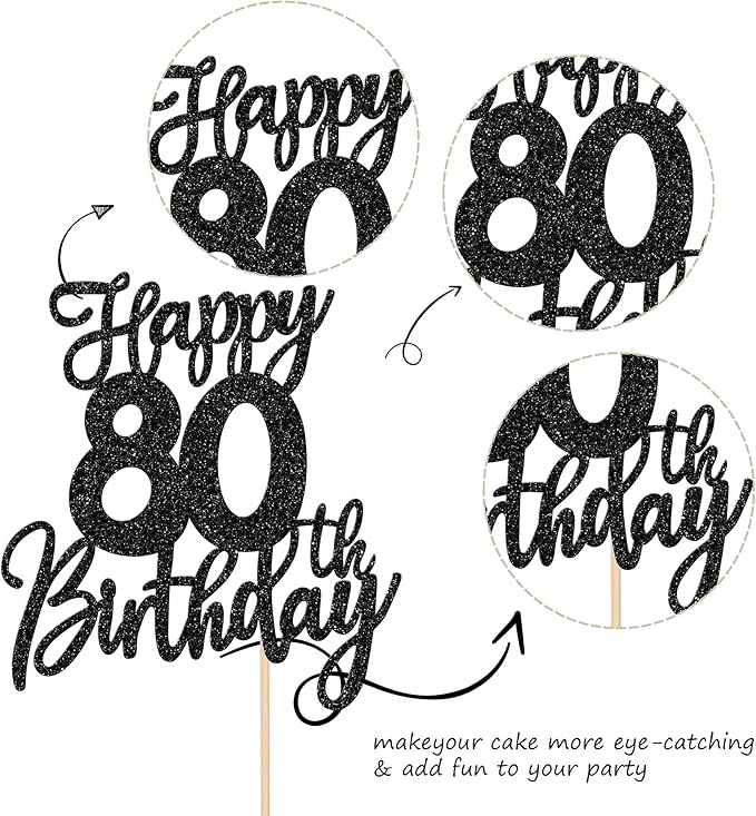 1 PCS Happy 80th Birthday Cake Topper Glitter Cheers to 80 Years Birthday Cake Pick Eighty Hello 80 Fabulous Cake Decoration for Happy 80th Birthday Anniversary Party Decorations Supplies Black