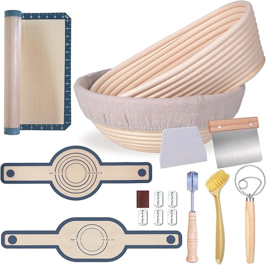 Banneton Bread Proofing Basket Set of 2, 9 inch Round and 10 in Oval, Sourdough Bread Baking Supplies, Bread Making Starter Kit, Proofing Baskets for Baking, Perfect Baker's Gift Set