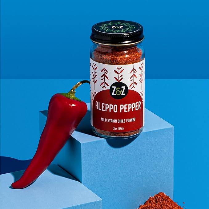 Aleppo Pepper by Z&Z | Mildly Spicy Aleppo Pepper Flakes (Pul Biber Turkish Spice) | Aleppo Pepper Spice for Lemon Butter Shrimp, Shakshuka, & Yogurt-Marinated Chicken | Syrian Aleppo Pepper, 2 Oz