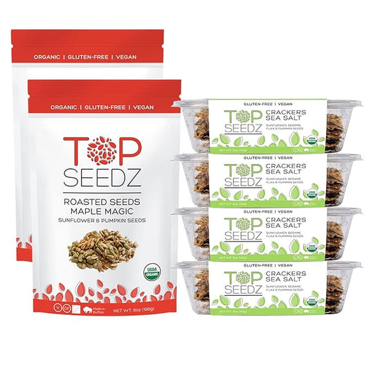 Top Seedz Deluxe Organic Gluten Free Vegan Seed Crackers and Roasted Seeds Bundle | 2 Pouches of Maple Magic Roasted Seeds | 4 Packs of Sea Salt Crackers