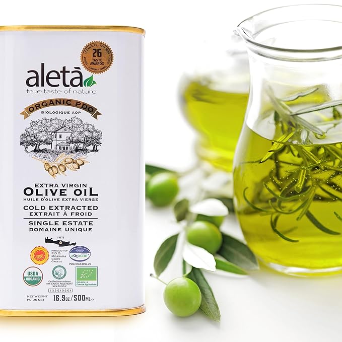 Aleta Farms Olive Oil Extra Virgin, USDA Organic, Single Estate PDO Polyphenol Rich Olive Oil, Cold Pressed, Global Gold Awards, EVOO, Kosher. 16.9 Fl Oz (Pack of 2)