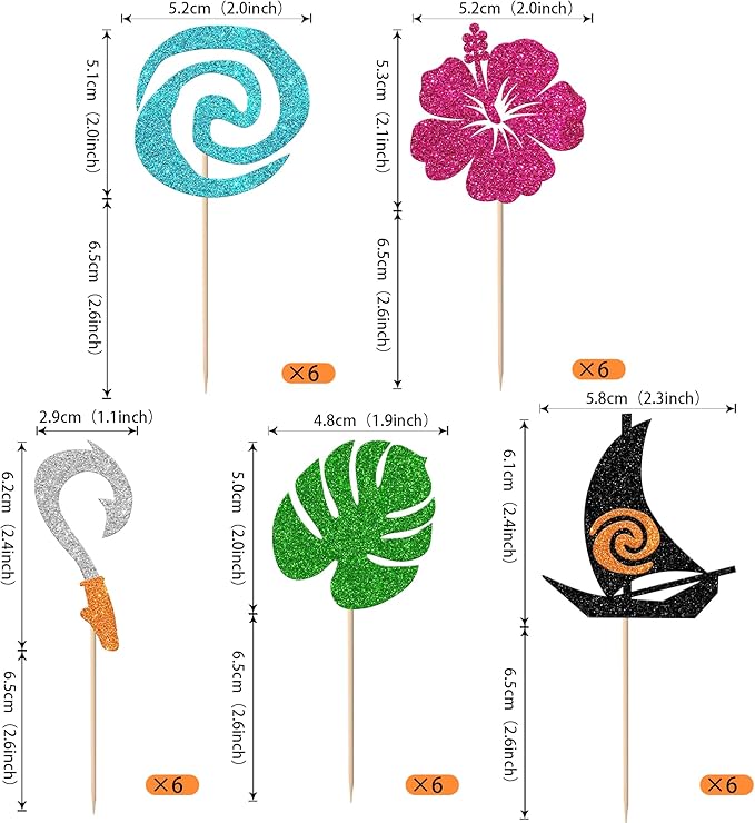 Rsstarxi 30 Pack Moana Inspired Cupcake Toppers Glitter Palm Leaf Flower Cupcake Picks Tropical Hawaiian Luau Theme Cake Decorations for Baby Shower Birthday Party Cake Supplies