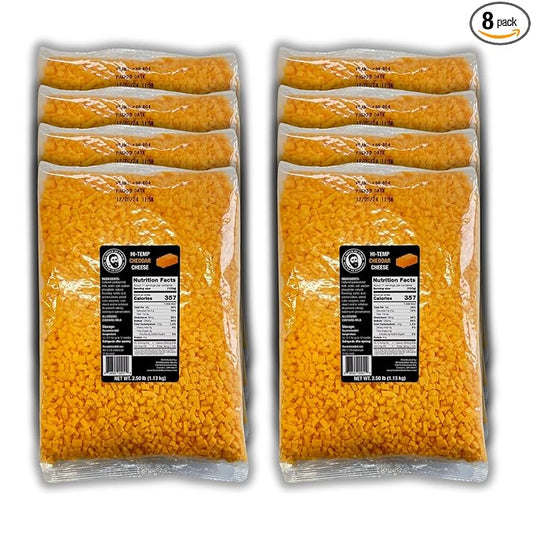Bearded Butchers High-Temp Cheddar Cheese, Case of 8 (2.5 lb Bags) ??20 lbs Total, Shelf-Stable 1/4-Inch Cubes for Up to 25 lbs of Meat Per Bag, 400째F High-Temperature Cheese ??Perfect for Sausages, Brats, Snack Sticks, Burgers, and More