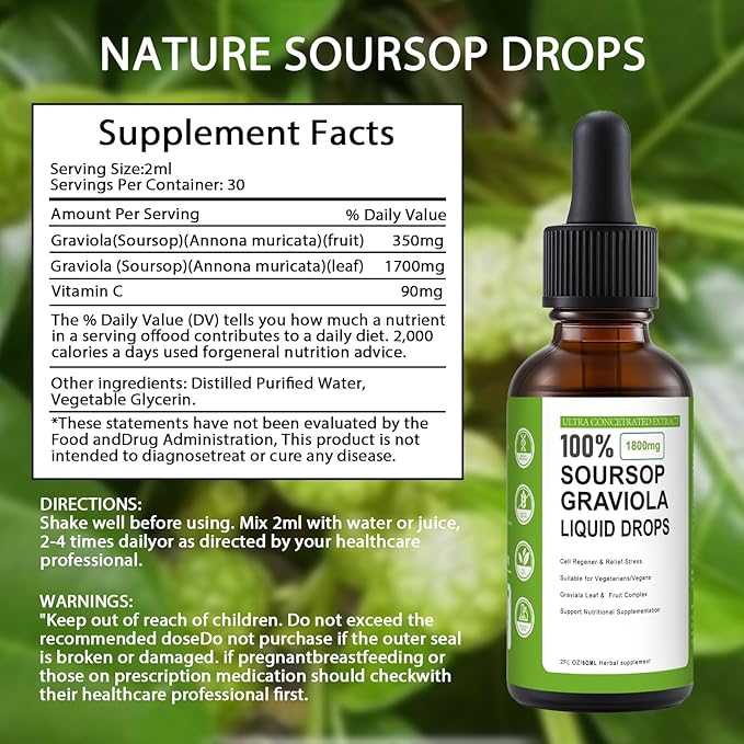 Soursop Graviola Liquid Drop, 100% Organic Pure Soursop Leaves and Fruit Extract, Soursop Bitters Liquid, Soursop Extract Organic Pure 1800mg, Sugar/Gluten Free, Natural Flavor