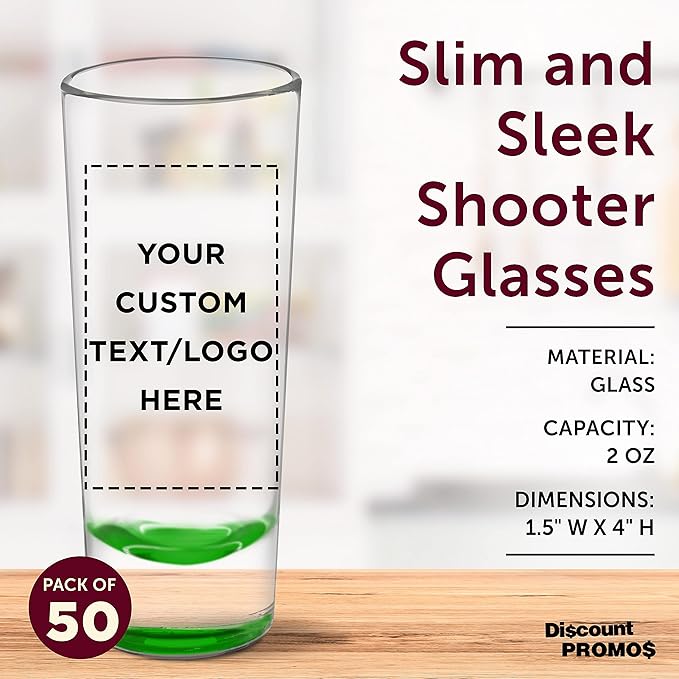 Custom Cordial Shooter Shot Glasses 2 oz. Set of 50, Personalized Bulk Pack - Great for Birthdays, Parties, Indoor & Outdoor Events - Green