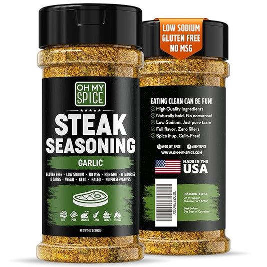 Steak Seasoning Garlic Powder Mix - Gluten Free & Low Sodium Meat Seasoning for Beef, Tomahawk, BBQ & Ribeye. Steak Seasonings for Grilling. Garlic and Herb Seasonings. Steaks Salt. Steaks Rub. 4.7oz