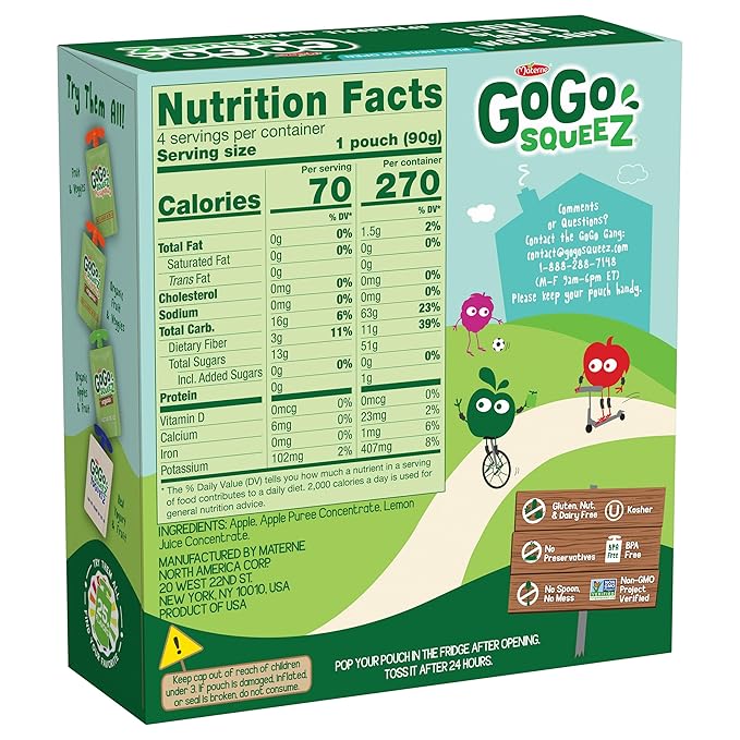 GoGo squeeZ Applesauce and Fruit Puree, Apple Apple, 3.2 oz (Pack of 48), Unsweetened Fruit Snacks for Kids, Gluten Free, Nut Free and Dairy Free, Recloseable Cap, BPA Free Pouches