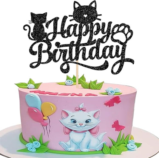 1 Pack Cat Happy Birthday Cake Topper Glitter Black Lovely Cat Cupcake Food Picks Cat Lover Kitten Pet Theme Baby Shower Kids Birthday Wedding Party Cake Decoration Supplies Black