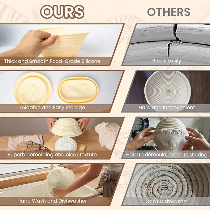 Banneton Bread Proofing Basket - 9.5 Inch Round & 10.4 Inch Oval Foldable Proofing Baskets Set of 2 with Liners for Professional & Home Artisan and Starter Kit with Bread Making Tools, Yellow