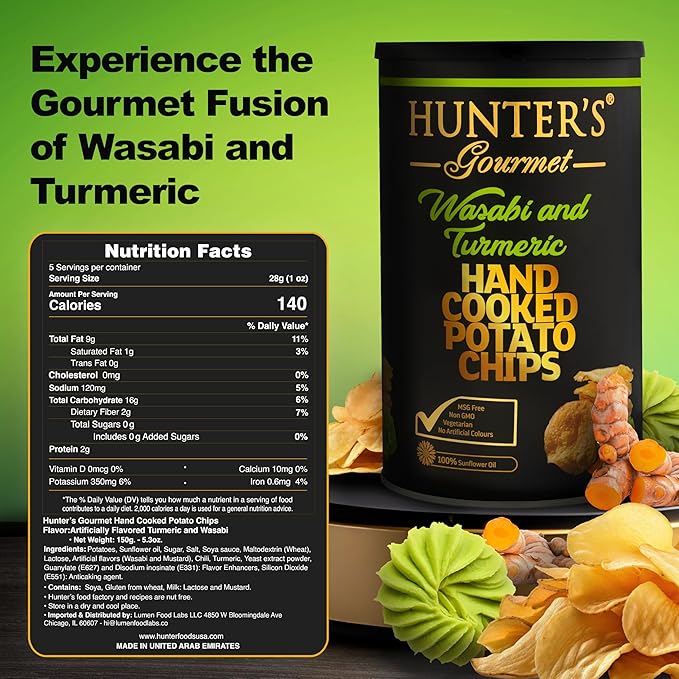 Hunter's Gourmet Hand-Cut Chips | No Trans Fat | Made with 100% Sunflower Oil | Wasabi & Turmeric Flavor | Gourmet Travel Snack | Halal | Vegetarian | Gluten-Free Chips | Pack of 1 | 150g