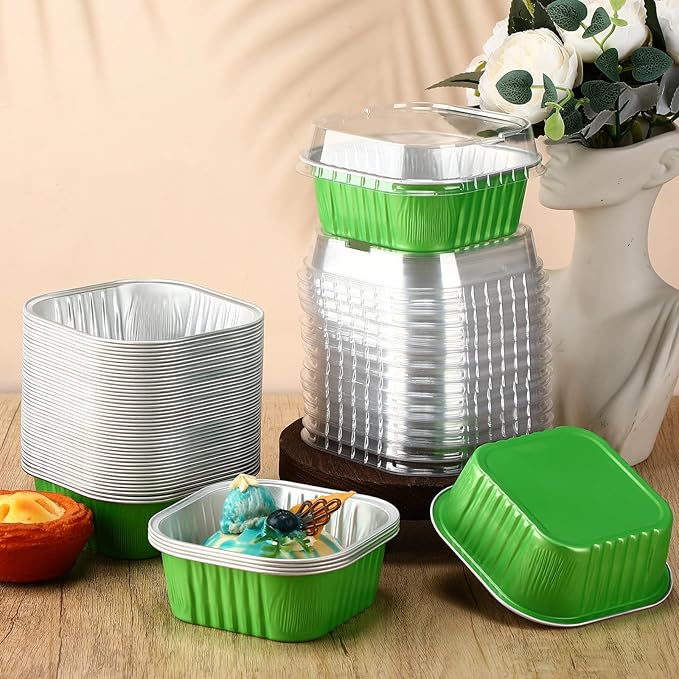 Aoriher 150 Pieces 10 oz Mini Cake Pans with Lids Aluminum Foil Baking Cups Square Disposable 4" x 4" Large Cupcake Cups Baking Tins for Kitchen Brownie Pudding Desserts Holders(Green)