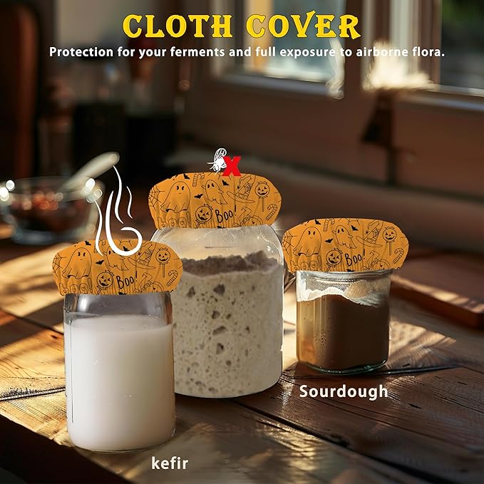 Halloween Pumpkin 5-Pack Cloth Covers for Sourdough Starter Jar, Cloth Covers Reusable Lid Top Cover Sourdough Proofing Bread Fermentation Baking Supplies for 3-4 Inch Jar Mouth