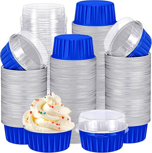 Gejoy 400 Pcs Aluminum Foil Baking Cups with Lids 5 oz Disposable Ramekins Mini Cake Pans Creme Brulee Cupcake Liners Muffin Tins Flan Mold Dessert Container for Wedding(Dark Blue,Classic)